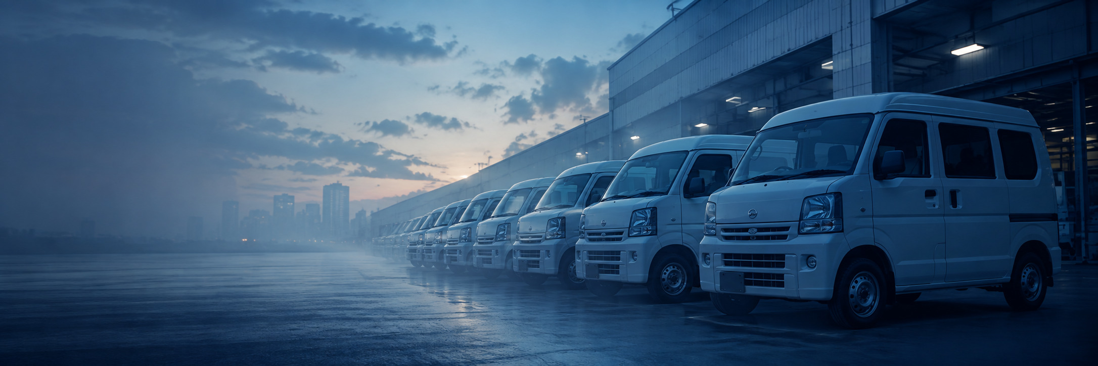 全幅バナー:夜明けの車庫に並ぶ軽バン